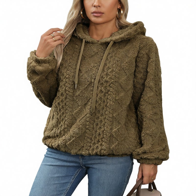 Fleece Jacquard Fabric Long Sleeve Loose Hooded Pullover Sweatshirt - Image 2