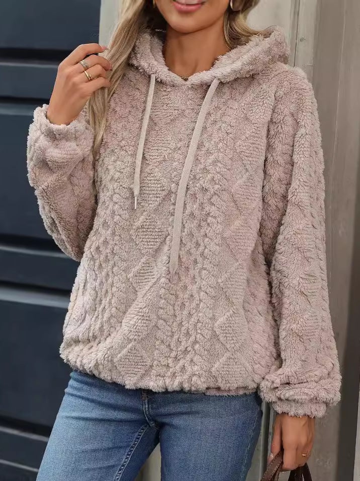 Fleece Jacquard Fabric Long Sleeve Loose Hooded Pullover Sweatshirt - Image 3