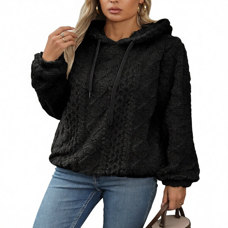 Fleece Jacquard Fabric Long Sleeve Loose Hooded Pullover Sweatshirt - Image 1