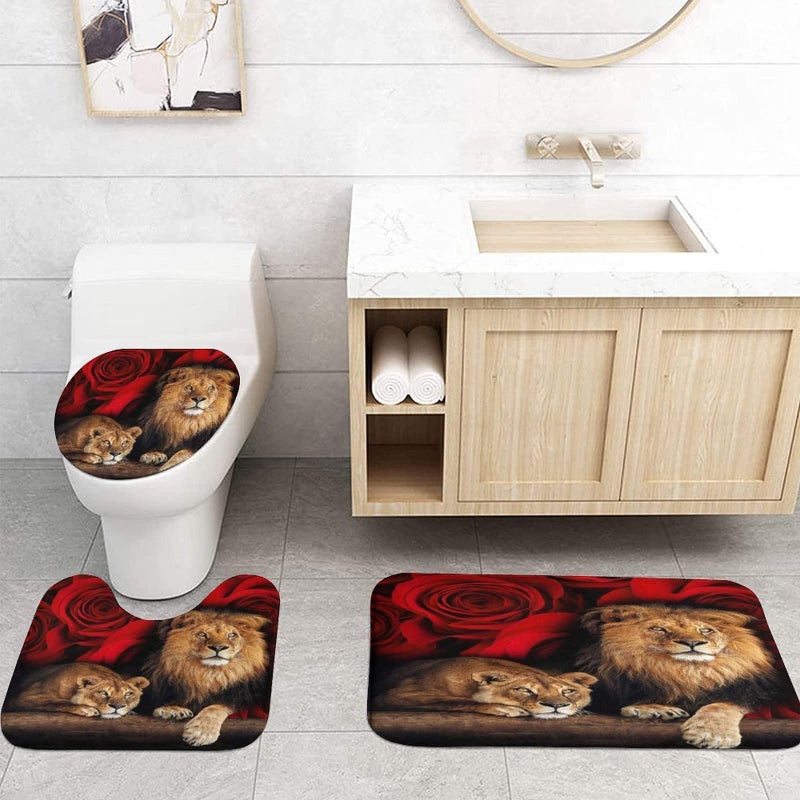 jieprom 4PCS Red Rose and Lion Shower Curtain Bathroom Set with Rugs, Toilet Lid Cover and Bath Mat, Red Shower Curtain with 12 Hooks, Complete Bathroom Accessories Decor Set - Image 3