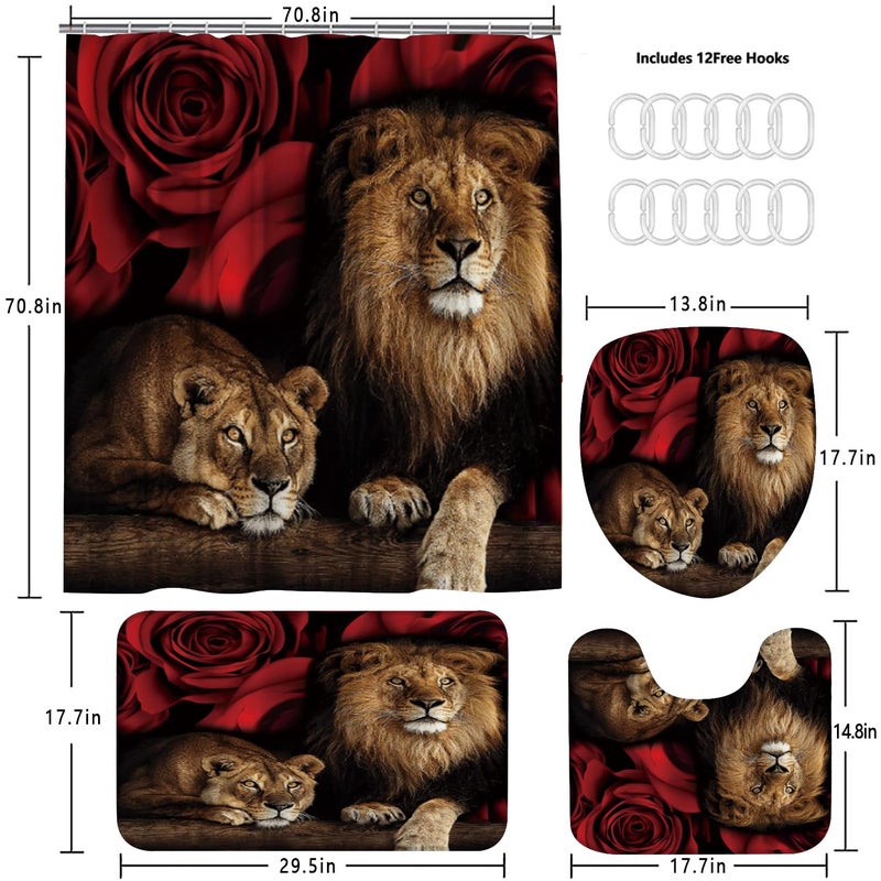 jieprom 4PCS Red Rose and Lion Shower Curtain Bathroom Set with Rugs, Toilet Lid Cover and Bath Mat, Red Shower Curtain with 12 Hooks, Complete Bathroom Accessories Decor Set - Image 5