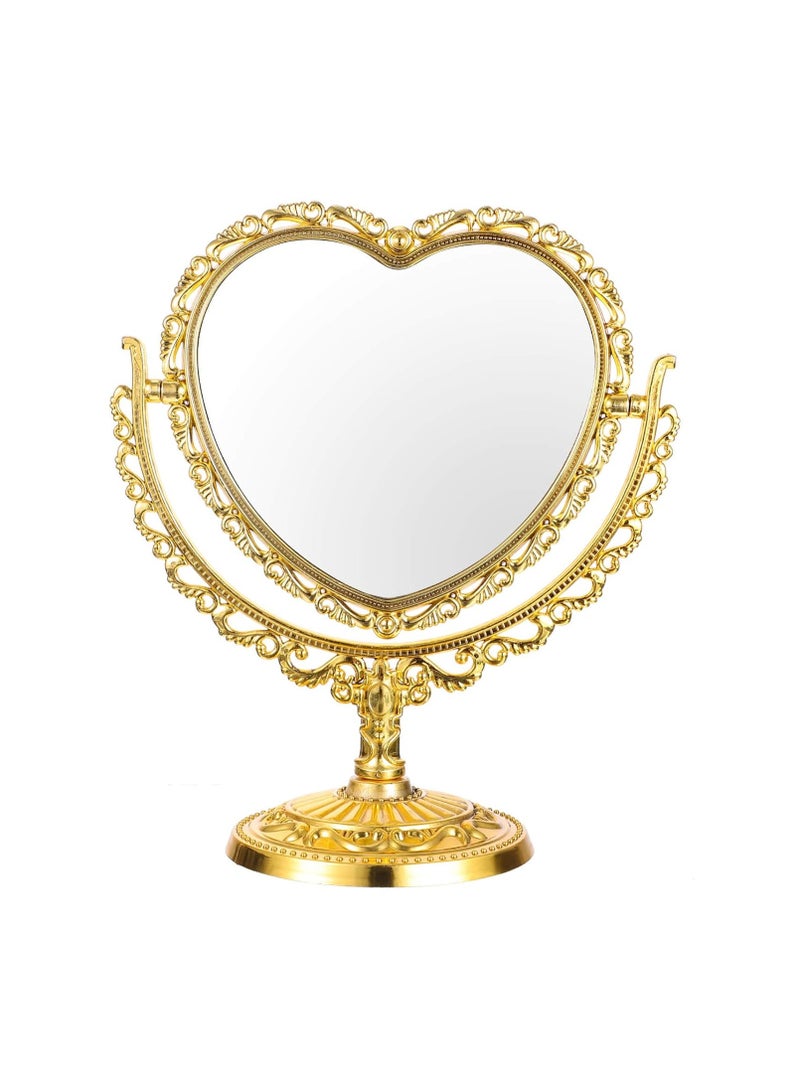مرآة مكياج على شكل قلب ذات وجهين مع حامل للطاولة ومرآة مستحضرات تجميل تدور 360 درجة (ذهبية) - Image 1