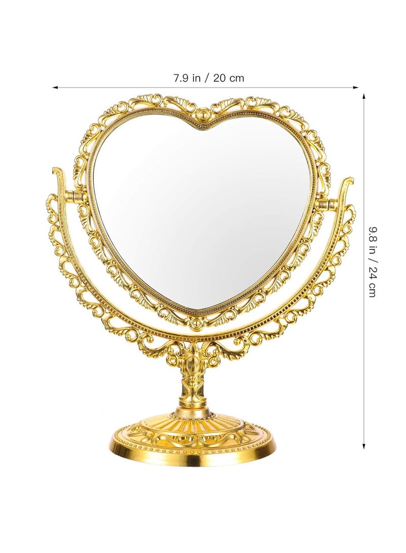 مرآة مكياج على شكل قلب ذات وجهين مع حامل للطاولة ومرآة مستحضرات تجميل تدور 360 درجة (ذهبية) - Image 2