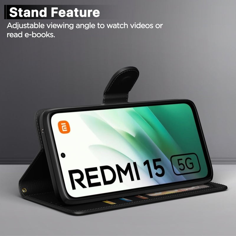 Pikkme غطاء قابل للطي لهاتف Redmi 15 5G بتشطيب جلدي | داخل TPU مع جيوب للبطاقات | حامل محفظة ومضاد للصدمات | حماية كاملة غطاء قابل للطي (أسود) - Image 3