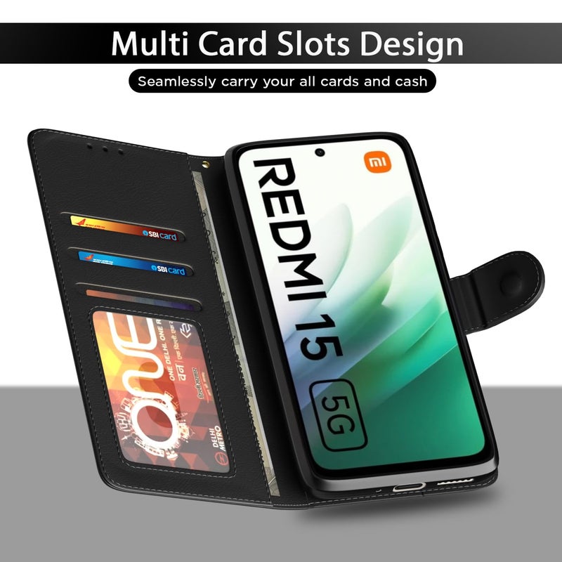 Pikkme غطاء قابل للطي لهاتف Redmi 15 5G بتشطيب جلدي | داخل TPU مع جيوب للبطاقات | حامل محفظة ومضاد للصدمات | حماية كاملة غطاء قابل للطي (أسود) - Image 5