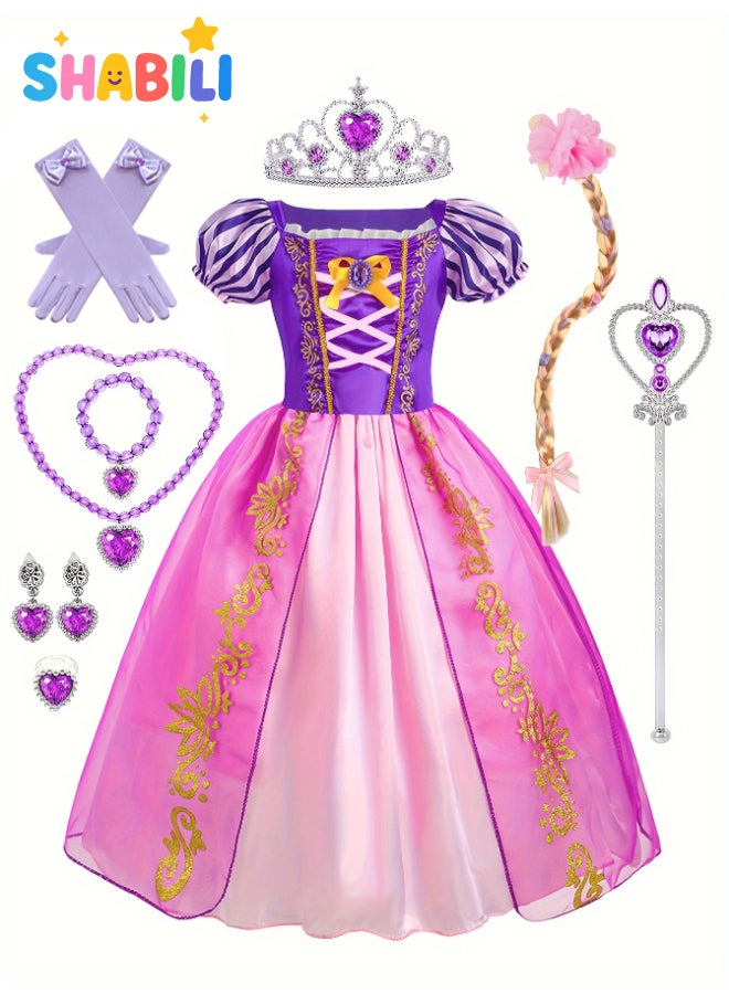 SHABILI Kids Girls Rapunzel Princess Dress Up Set – 9 Pcs Purple Costume with Crown, Wand, Wig & Accessories for Birthday - Image 1