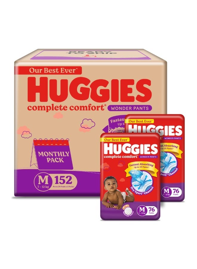 Huggies Complete Comfort Wonder Pants | Pant Style Baby Diapers M Size, 76*2 Count | India's Fastest Absorbing Diaper, Patented Dry Xpert Channel, Ideal for 7 to 12 Kgs (Pack of 2)