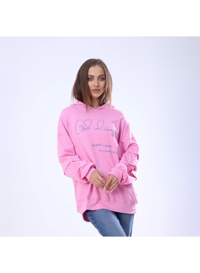 بيبو تيشيرت حريمي مطبوع اكمام طويلة بكابيتشو مقاس حر يناسب من 60 إلى 85 كجم تقريبا_بينك - Image 2