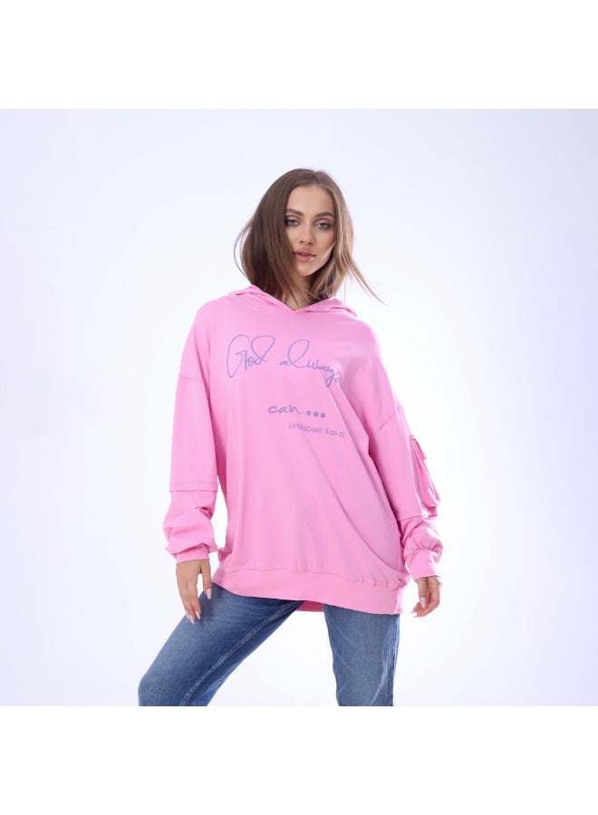 بيبو تيشيرت حريمي مطبوع اكمام طويلة بكابيتشو مقاس حر يناسب من 60 إلى 85 كجم تقريبا_بينك - Image 1