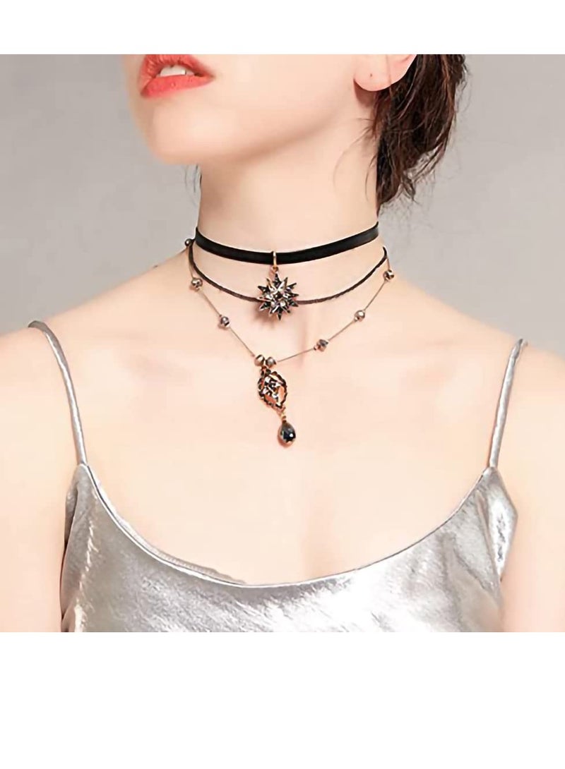 KASTWAVE Bohemia Layered Choker Necklaces, Star Layered Pendant Necklace Multilayer Necklace Vintage Choker with Teardrop Chain & Black Leather Choker Layered Necklaces for Women Jewelry - Image 5