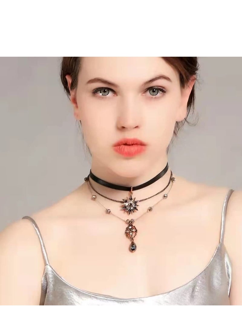 KASTWAVE Bohemia Layered Choker Necklaces, Star Layered Pendant Necklace Multilayer Necklace Vintage Choker with Teardrop Chain & Black Leather Choker Layered Necklaces for Women Jewelry - Image 3