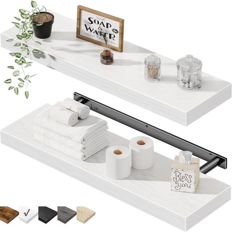 QEEIG White Floating Shelves Wall Shelf 24 inches Long Bathroom Bedroom Kitchen Living Room Mounted Shelve Set of 2 Modern Shelfs 9.3" D x 23.6" W (008-60W) - Image 1