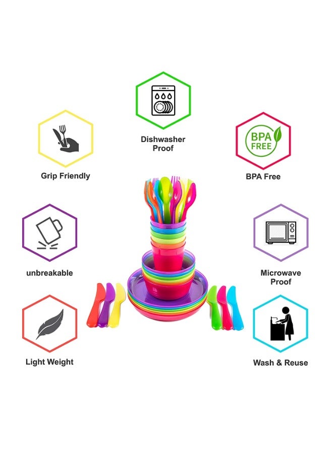 WinCheer طقم أواني طعام بلاستيكية لـ 6 أشخاص، طقم أطباق للأطفال يتضمن 36 قطعة (أطباق، أوعية، أكواب وأدوات مائدة) بألوان قوس قزح لحفلات الأطفال والنزهات، قابلة لإعادة الاستخدام، خالية من مادة BPA، آمنة للغسل في غسالة الأطباق وقابلة للاستخدام في الميكروويف - Image 3