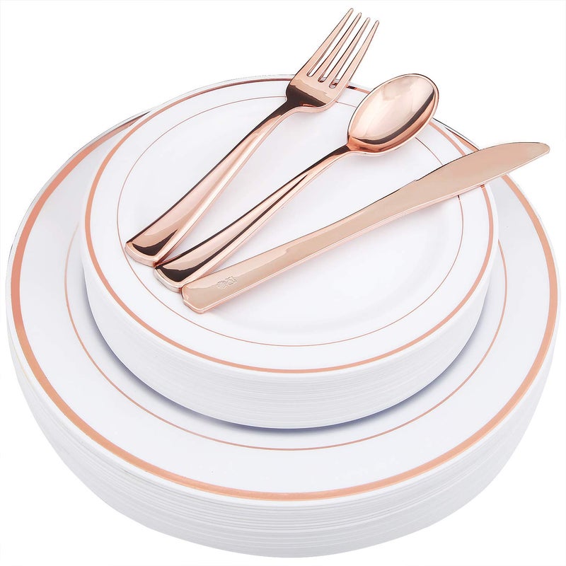 WDF125PCS Rose Gold Plastic SilverwareDisposable Plastic Plates  Plastic Plates include 25 Dinner Plates25 Salad Plates25 Forks 25 Knives 25 Spoons for Wedding Party
