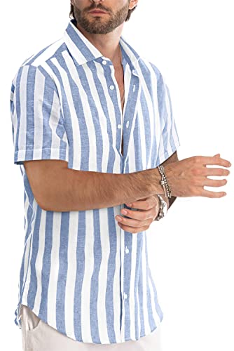 JMIERR Mens Summer Casual Stylish Short Sleeve Button-Up Fashion Shirts Cotton Linen Striped Business Dress Shirts Beach Cruise T Shirt, 2XL, Sky Blue - Image 2