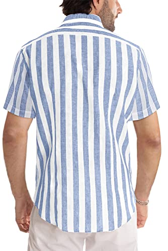 JMIERR Mens Summer Casual Stylish Short Sleeve Button-Up Fashion Shirts Cotton Linen Striped Business Dress Shirts Beach Cruise T Shirt, 2XL, Sky Blue - Image 3