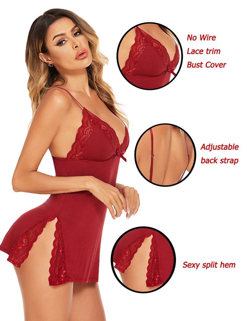 Avidlove Women's Sleepwear Sexy Nightgowns for Women Chemise Lingerie Modal Sleepwear Wine Red XL - Image 4