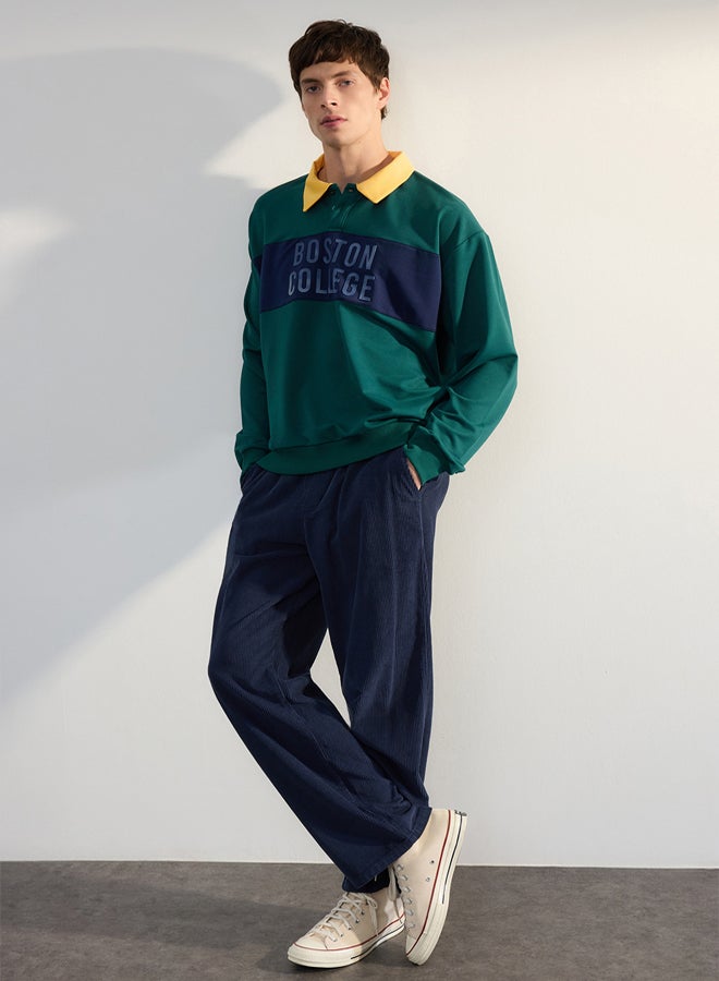 trendyol Emerald Green Oversize/Wide Cut Polo Collar Fluffy Printed Unshaded Sweatshirt - Image 1