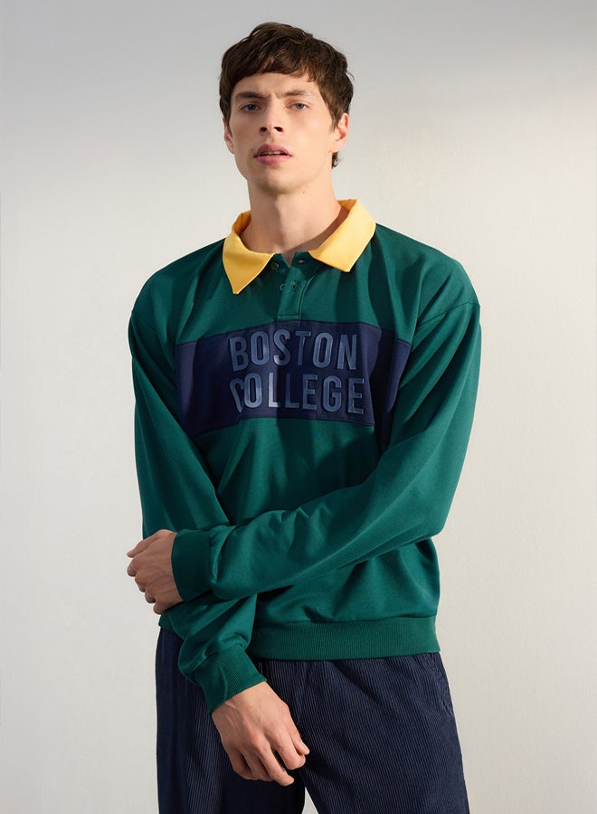 trendyol Emerald Green Oversize/Wide Cut Polo Collar Fluffy Printed Unshaded Sweatshirt - Image 2