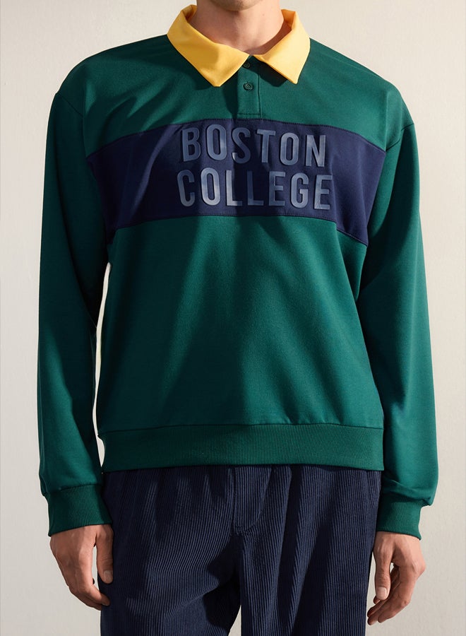 trendyol Emerald Green Oversize/Wide Cut Polo Collar Fluffy Printed Unshaded Sweatshirt - Image 4