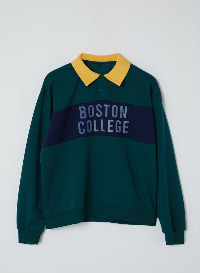 trendyol Emerald Green Oversize/Wide Cut Polo Collar Fluffy Printed Unshaded Sweatshirt - Image 5