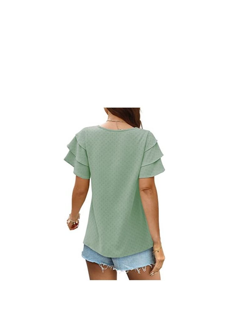 Loquat New Women's V-neck Multi-layer Lotus Sleeve Loose Casual Short Sleeve T-Shirt  - Image 2