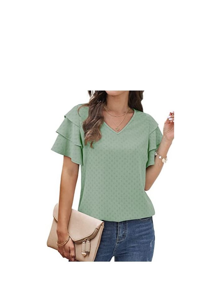 Loquat New Women's V-neck Multi-layer Lotus Sleeve Loose Casual Short Sleeve T-Shirt  - Image 1