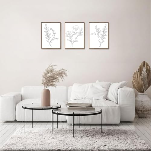 KISSFOX 3 Piece Framed Wall Art Botanical Wall Decor Floral Pictures Wildflower Canvas Art Black White Line Paintings Minimalist Boho Artwork For Bedroom Living Room Bathroom - Image 3