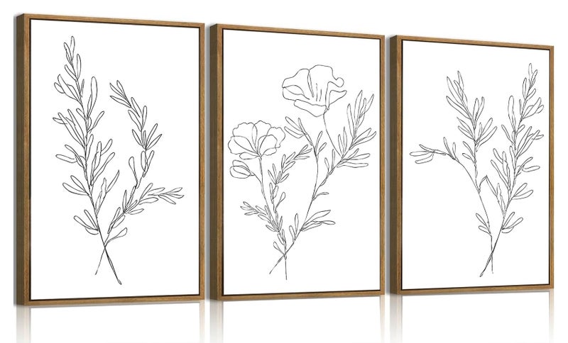KISSFOX 3 Piece Framed Wall Art Botanical Wall Decor Floral Pictures Wildflower Canvas Art Black White Line Paintings Minimalist Boho Artwork For Bedroom Living Room Bathroom - Image 1