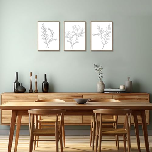KISSFOX 3 Piece Framed Wall Art Botanical Wall Decor Floral Pictures Wildflower Canvas Art Black White Line Paintings Minimalist Boho Artwork For Bedroom Living Room Bathroom - Image 2