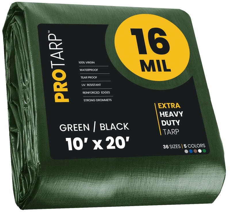 PROTARP Extra Heavy Duty 16 Mil Tarp Cover Waterproof UV Resistant Rip and Tear Proof Poly Tarpaulin with Reinforced Edges for Roof Camping Patio Pool Boat GreenBlack 10 X 20