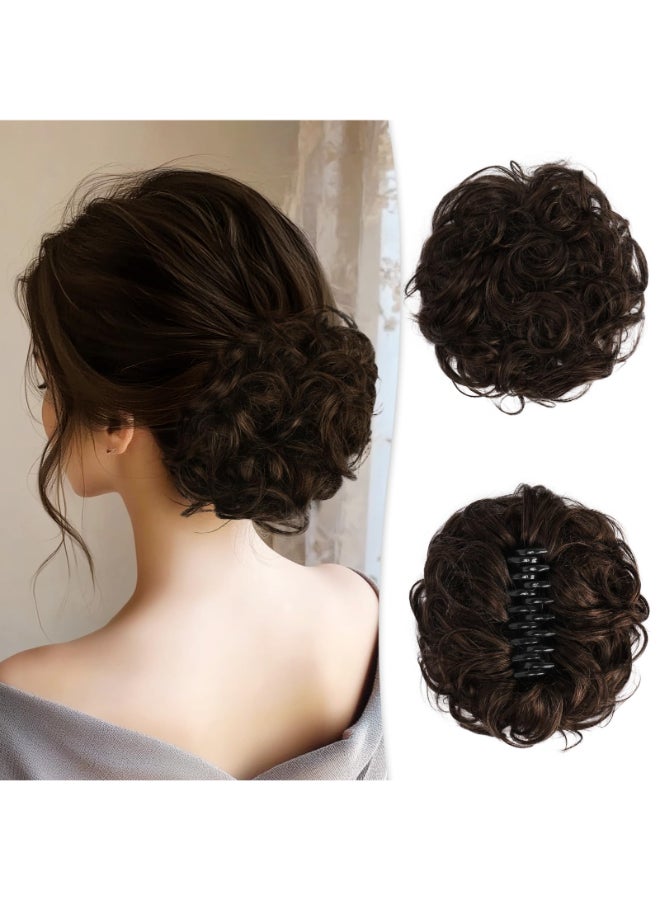 RUWISS Large Messy Bun Hair Piece with Claw Clip Human Hair Bun Wavy Curly Chignon Hair Bun Extensions Updo Hair Pieces for Women Claw Clip Ponytail for Women Dark Brown with 15 Dark Cocoa Blonde - Image 2