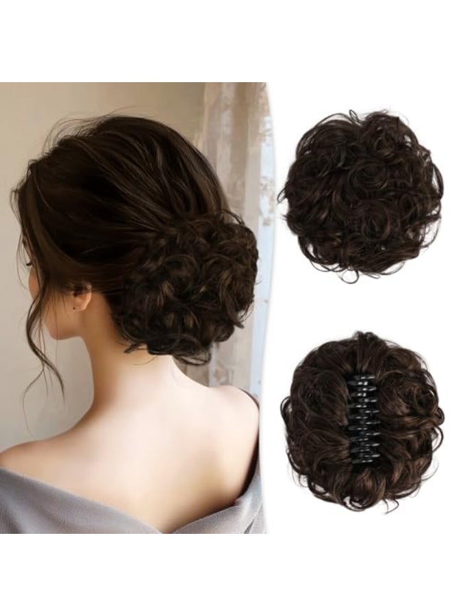 RUWISS Large Messy Bun Hair Piece with Claw Clip Human Hair Bun Wavy Curly Chignon Hair Bun Extensions Updo Hair Pieces for Women Claw Clip Ponytail for Women Dark Brown with 15 Dark Cocoa Blonde - Image 1