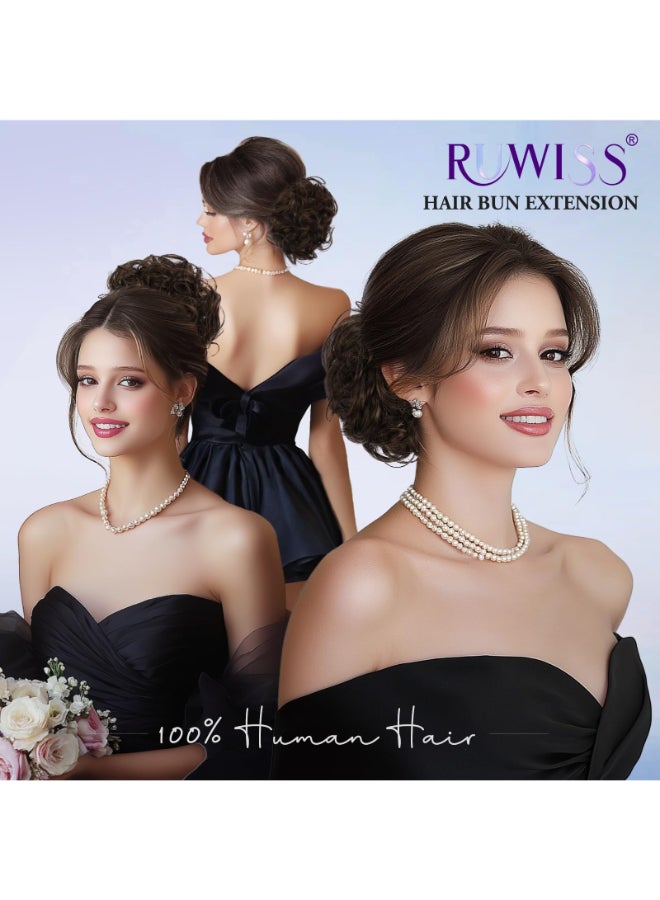 RUWISS Large Messy Bun Hair Piece with Claw Clip Human Hair Bun Wavy Curly Chignon Hair Bun Extensions Updo Hair Pieces for Women Claw Clip Ponytail for Women Dark Brown with 15 Dark Cocoa Blonde - Image 4