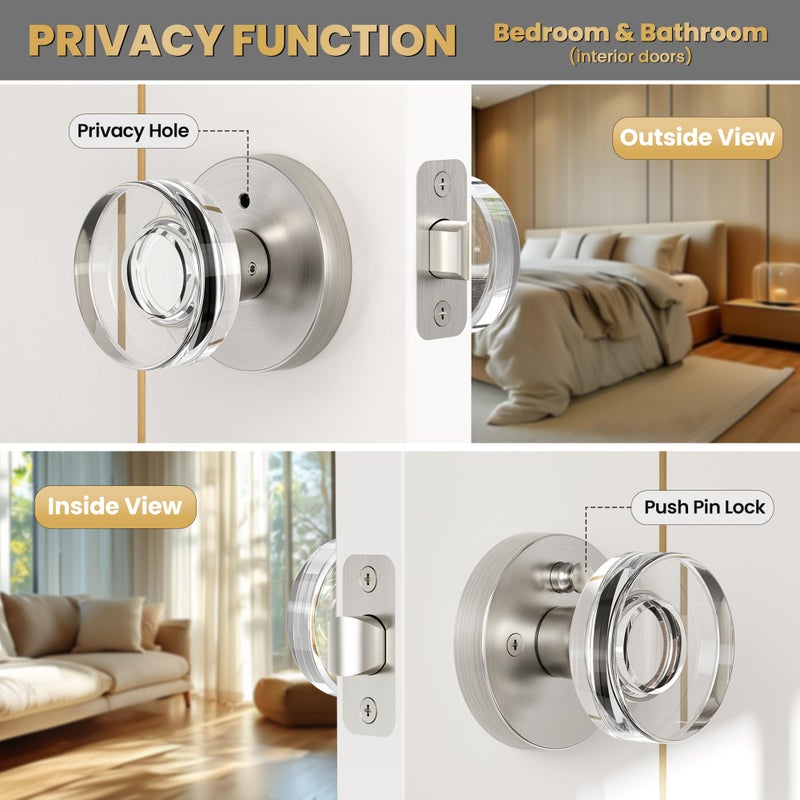 Naubea Brushed Nickel Door Knobs Crystal Door Knob Interior Privacy Door Knobs Round Glass Door Knob For Bedroom And Bathroom, Satin Nickel - Image 2