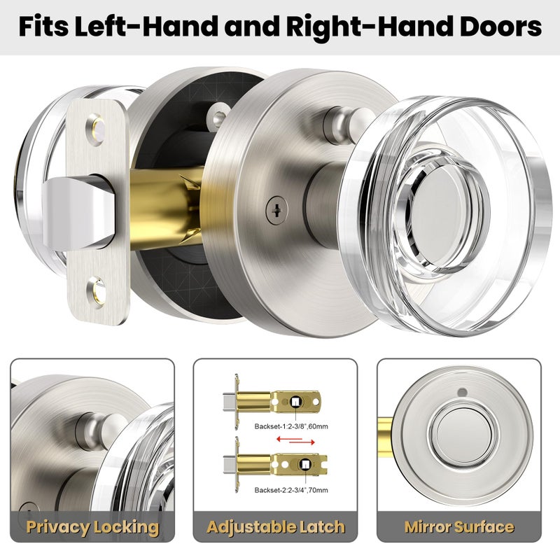 Naubea Brushed Nickel Door Knobs Crystal Door Knob Interior Privacy Door Knobs Round Glass Door Knob For Bedroom And Bathroom, Satin Nickel - Image 3