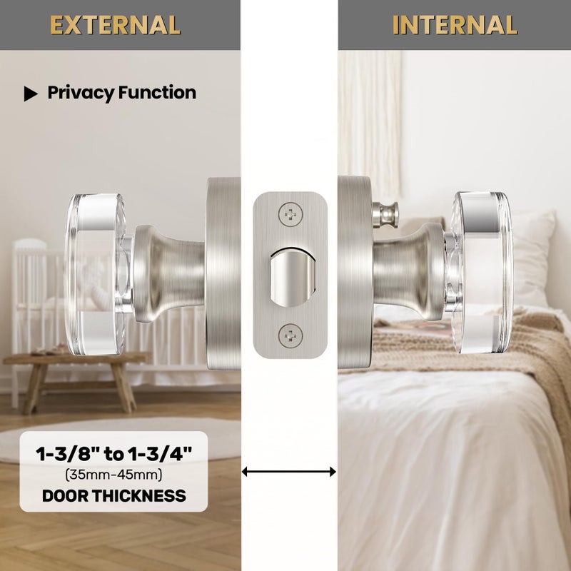 Naubea Brushed Nickel Door Knobs Crystal Door Knob Interior Privacy Door Knobs Round Glass Door Knob For Bedroom And Bathroom, Satin Nickel - Image 4