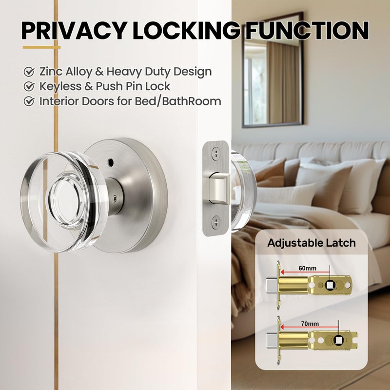 Naubea Brushed Nickel Door Knobs Crystal Door Knob Interior Privacy Door Knobs Round Glass Door Knob For Bedroom And Bathroom, Satin Nickel - Image 5