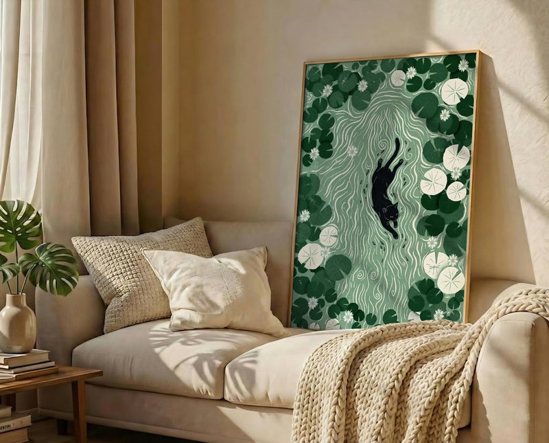 TNESSENTIAL Swimming Cat Print – Water Lily Pond Art, Botanical Wall Decor, Linocut Style Poster, Green Nature Illustration, Black Cat Lover Gift - Image 3