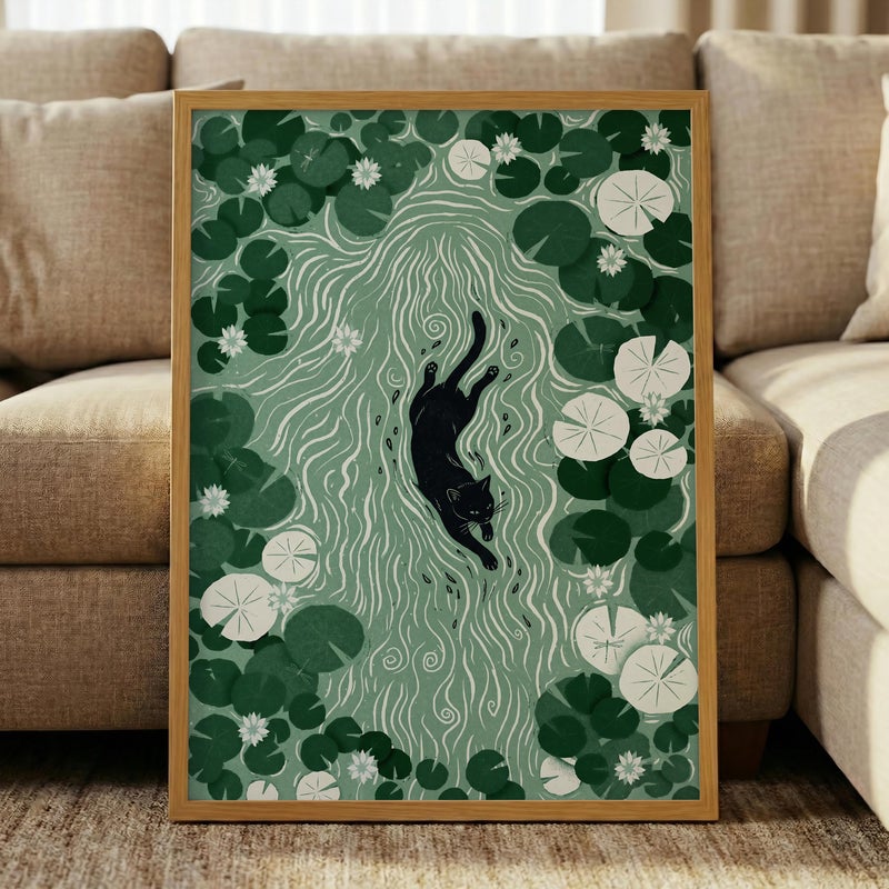 TNESSENTIAL Swimming Cat Print – Water Lily Pond Art, Botanical Wall Decor, Linocut Style Poster, Green Nature Illustration, Black Cat Lover Gift - Image 5