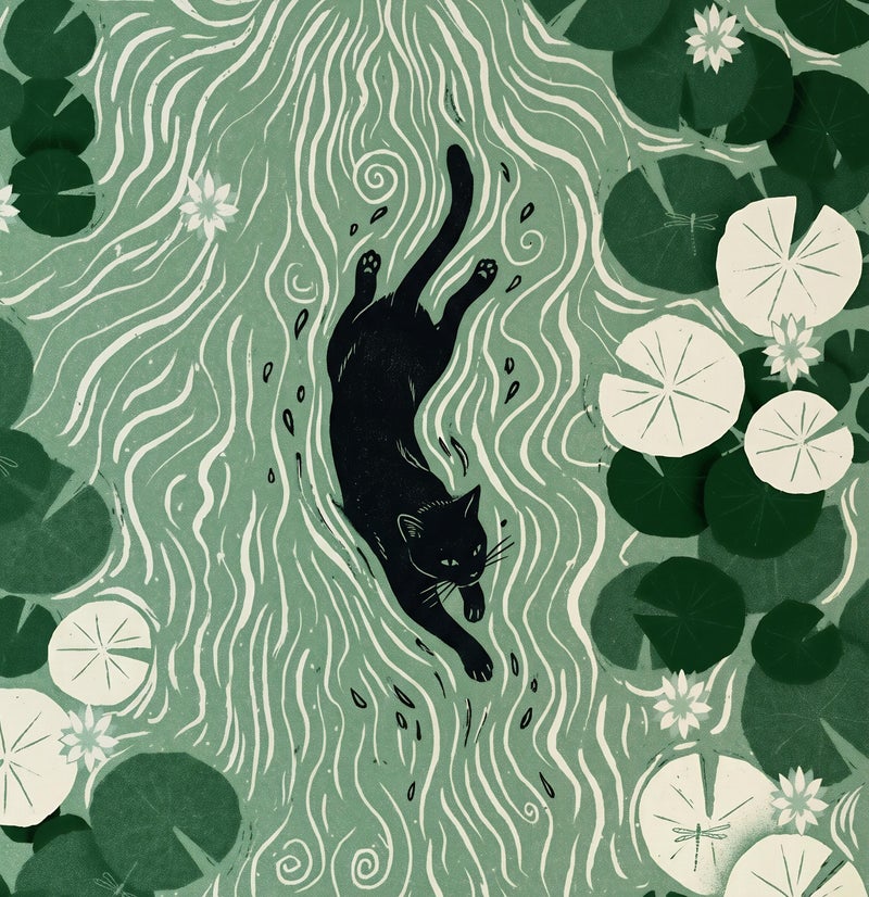 TNESSENTIAL Swimming Cat Print – Water Lily Pond Art, Botanical Wall Decor, Linocut Style Poster, Green Nature Illustration, Black Cat Lover Gift - Image 2