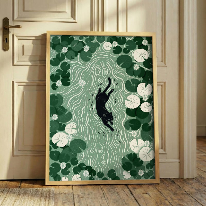 TNESSENTIAL Swimming Cat Print – Water Lily Pond Art, Botanical Wall Decor, Linocut Style Poster, Green Nature Illustration, Black Cat Lover Gift - Image 1