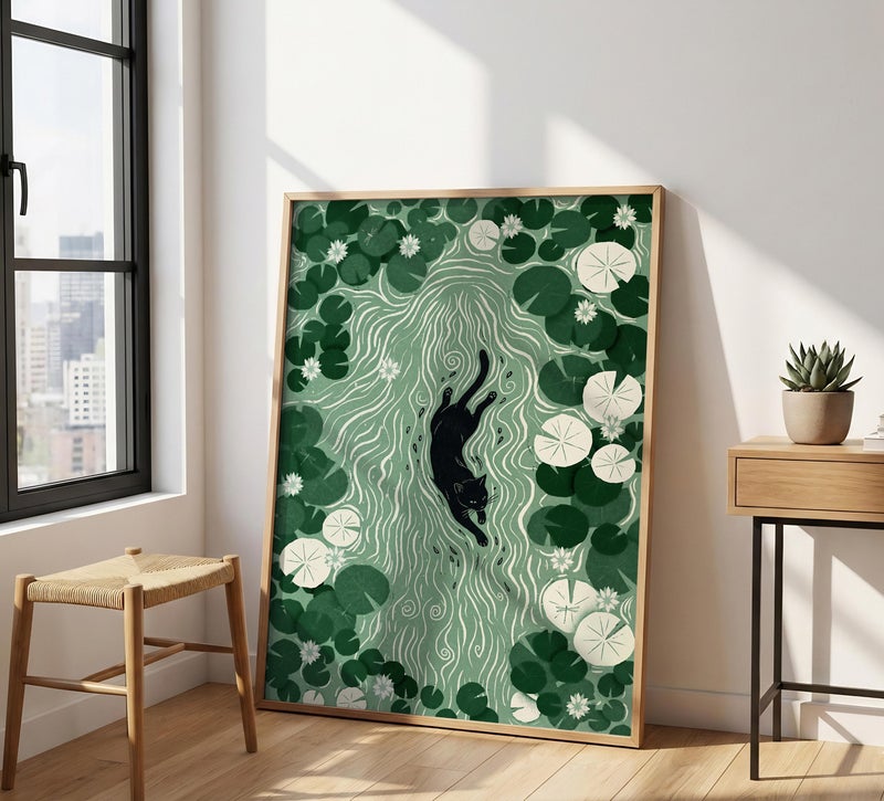 TNESSENTIAL Swimming Cat Print – Water Lily Pond Art, Botanical Wall Decor, Linocut Style Poster, Green Nature Illustration, Black Cat Lover Gift - Image 4