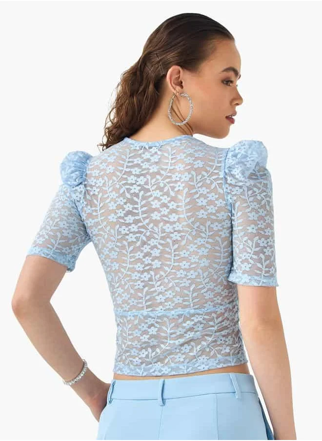 2Xtremz 2Xtremz Flower Lace Sheer Top with Button Closure and Puff Sleeves