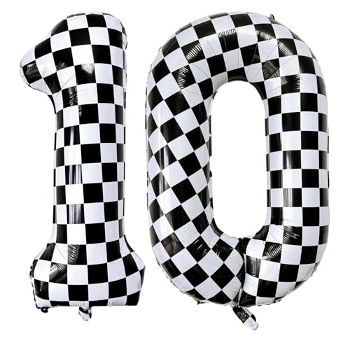 Lovoir Black White Checkered Number 10 Balloons 40 Inch Giant Number Balloons Foil Mylar Helium Checkered Number 10 Balloons for 10th Birthday Party Supplies Anniversary Event Celebration Decorations - Image 1