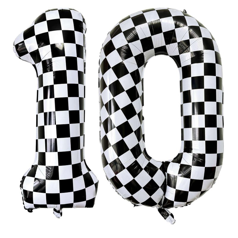 Lovoir Black White Checkered Number 10 Balloons 40 Inch Giant Number Balloons Foil Mylar Helium Checkered Number 10 Balloons for 10th Birthday Party Supplies Anniversary Event Celebration Decorations - Image 3