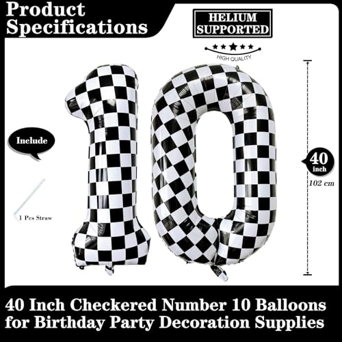 Lovoir Black White Checkered Number 10 Balloons 40 Inch Giant Number Balloons Foil Mylar Helium Checkered Number 10 Balloons for 10th Birthday Party Supplies Anniversary Event Celebration Decorations - Image 5