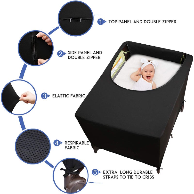 Dofilachy Blackout Cover for Pack N Play - Crib Blackout Cover Tent - Canopy Cover - Breathable Travel Crib Tent - Portable Stretchy Blackout Tent (Black) - Image 2
