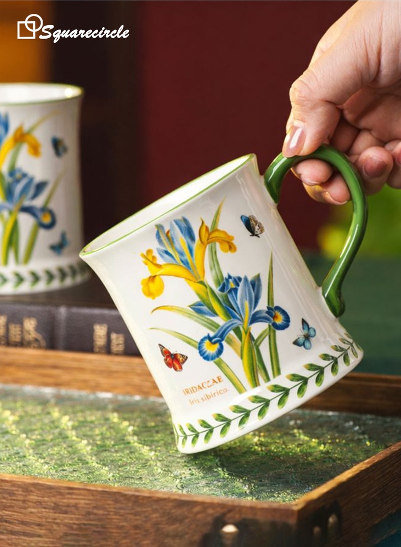دائرة مربعة كوب قهوة سيراميك بتصميم زهرة السوسن – سعة 450 مل، كوب أنيق للقهوة والشاي مع رسومات فراشات، مناسب للاستخدام اليومي والهدايا - Image 3