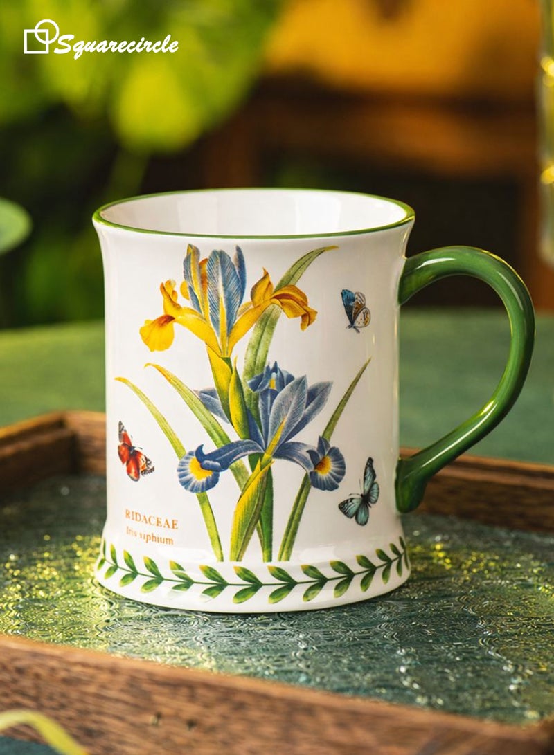 دائرة مربعة كوب قهوة سيراميك بتصميم زهرة السوسن – سعة 450 مل، كوب أنيق للقهوة والشاي مع رسومات فراشات، مناسب للاستخدام اليومي والهدايا - Image 1